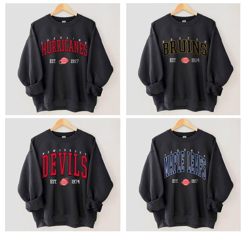 Retro Ice Hockey Sweatshirt, Unisex Vintage 90s All Team Hockey Black Sweatshirt, Crewneck Sweatshirt, Casual Classic