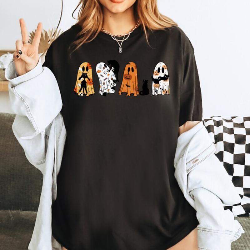 Ghost Cat Shirt, Halloween Ghost Shirt, Black Cat T-Shirt Unisex Classic Cotton