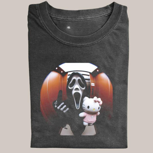 Halloween Vintage Tees, Ghost Face Pink Cat T-shirt, Horror Movie Shirt, Unisex Funny Halloween Shirt Menswear Womenswear Streetwear