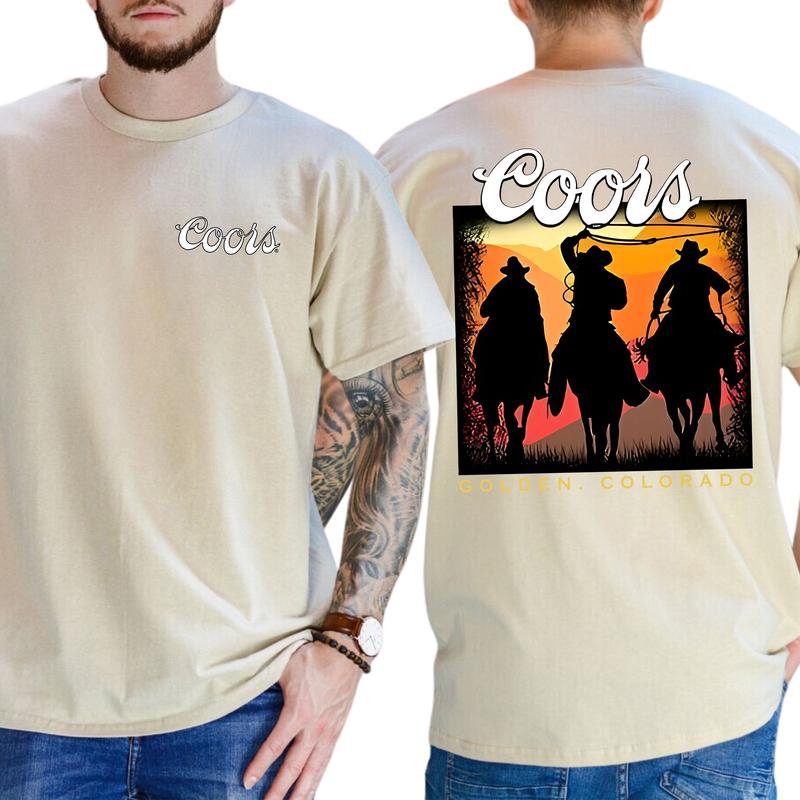 Men's Vintage Sunset Coors Cowboy Shirt 2-Sided, Wild West Cowboy Unisex Graphic Tshirt, Gift For Men, Soft Fabric Casual Menswear, Classic Cotton Top