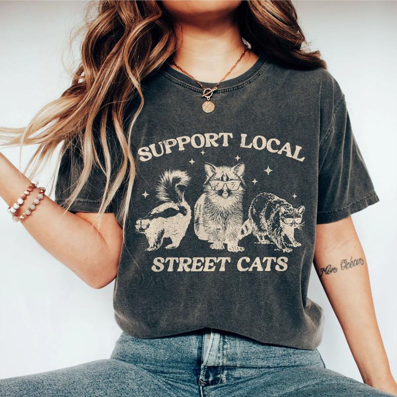Support Your Local Street Cats Graphic T-Shirt, Retro Unisex Adult T Shirt, Vintage Raccoon T-Shirt, Nostalgia Shirt, Relaxed Cotton Tees, Raccoon Lover Tee, Street Cats Shirt, Comfort Women Top