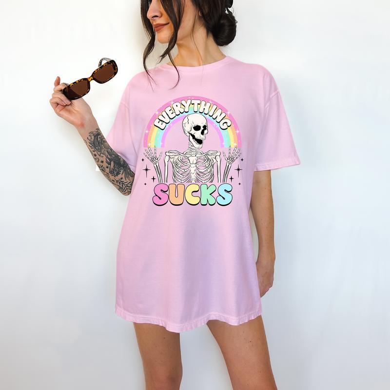 Everything Sucks - T-Shirt, Happy Skeleton, Bright Graphic, Funny Apparel