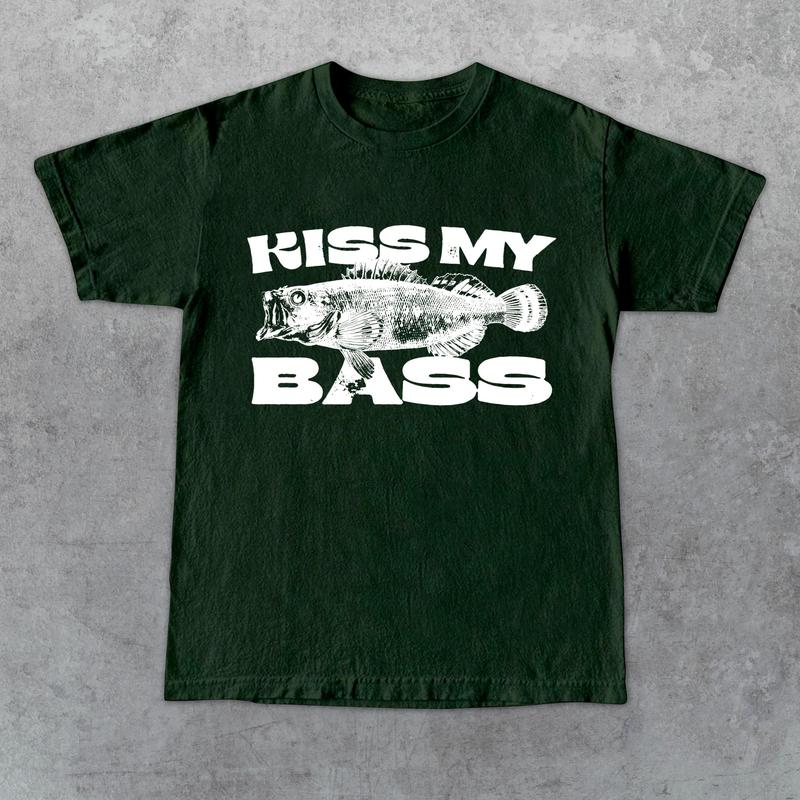 Kiss My Bass Vintage Style Fishing T-Shirt, Retro Fisher T Shirt, Fisher Gear, Fisher Graphic Shirt, Adult Unisex Relaxed Cotton Shirt - White Design Limited