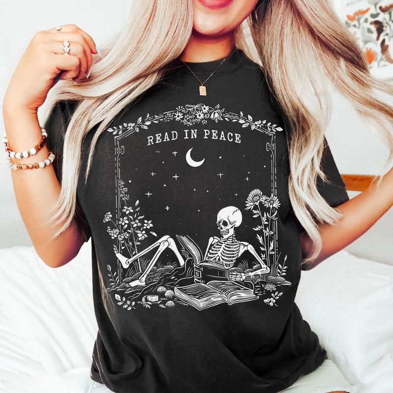 Read in Peace Shirt Ã¢â‚¬â€œ Skeleton Book Lover Halloween Tee, Perfect for Bookish Ghoul, Unisex T-shirt, Gift for Him, Gift for Her, Crew Neck, Trending T-