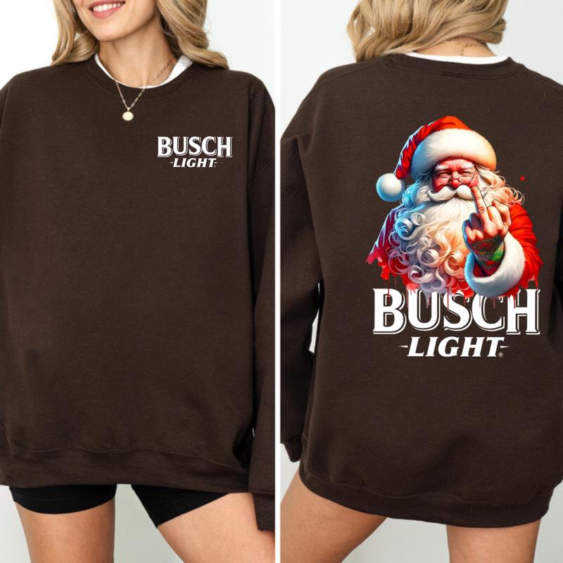 Busch Light, Santa Middle Finger Funny Red Santa Christmas 2 Sided Sweatshirt, Christmas Sweatshirt with beer, Perfect for outings and holidays, Unise