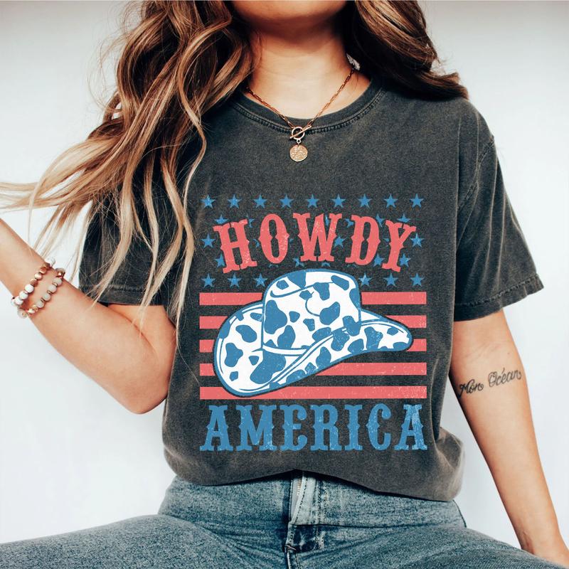 Howdy America Shirt, 4th Of July T-Shirt, Cowboy Style Patriotic Tee, Independence Day Celebration, USA Flag Design, Retro American Pride Shirt, Women's Casual Wear, Comfortable Summer Top, Western July 4th Outfit