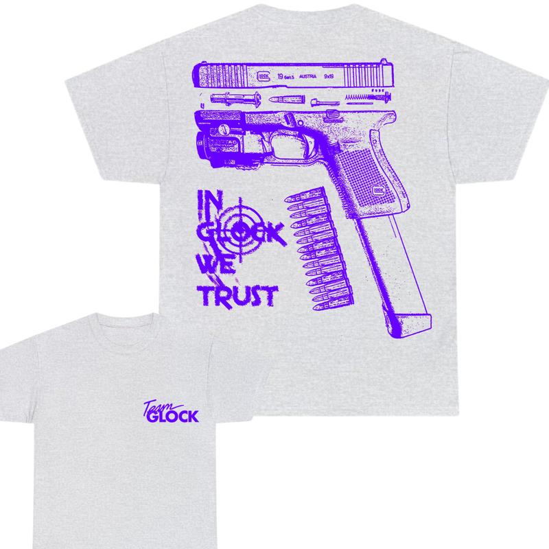Team Glock Tshirt - Double-Sided IN GLOCK WE TRUST Tshirt - Classic Fit, design Color Blue - Full Color , Men's and Women's Sizes - Menswear Cotton , Funny Tshirt
