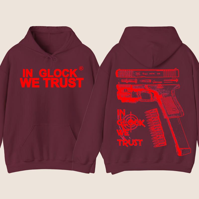 IN GLOCK WE TRUST Double Side Hoodie - Full Color - Red Design, Unisex Sweatshirt with Long Sleeve, Glock Shirt