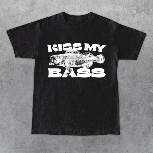 Kiss My Bass Vintage Style Fishing T-Shirt, Retro Fisher T Shirt, Fisher Gear, Fisher Graphic Shirt, Adult Unisex Relaxed Cotton Shirt - White Design Limited