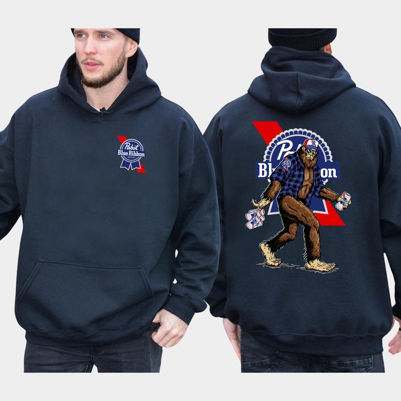 Men's Biggfoot Holding Pabst Blue Ribon 2-Sided Hoodie, Beer Drinking Hoodie, Funny Bigfooot Pullover, Unisex Drinker Tops, Cotton Classic Menswear