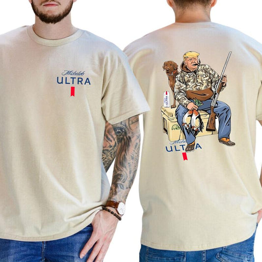 Camo Hunter Trummp With Michelob Ultra Beer Shirt 2-Sided, Funny Men's Hunting T-shirt, Beer Drinking Tee, Unisex Hunt Tops, Classic Casual Menswear
