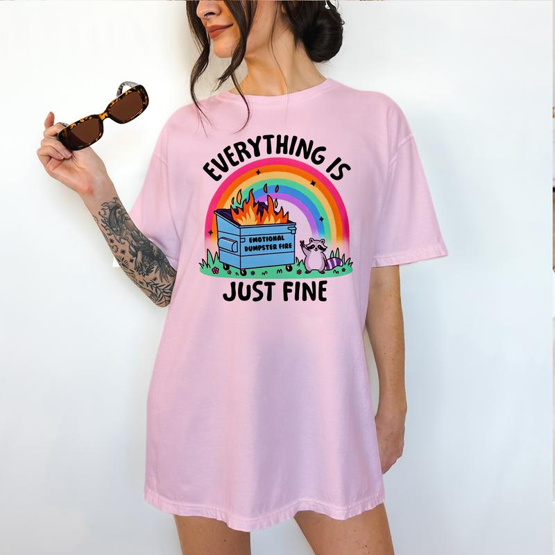 Dumpster Fire Raccoon - T-Shirt -  Print is Sublimation, Unisex T-Shirt, Funny Tee,Gift Idea, Relaxed Fit, Casual Apparel, Great with Jeans, Womenswea