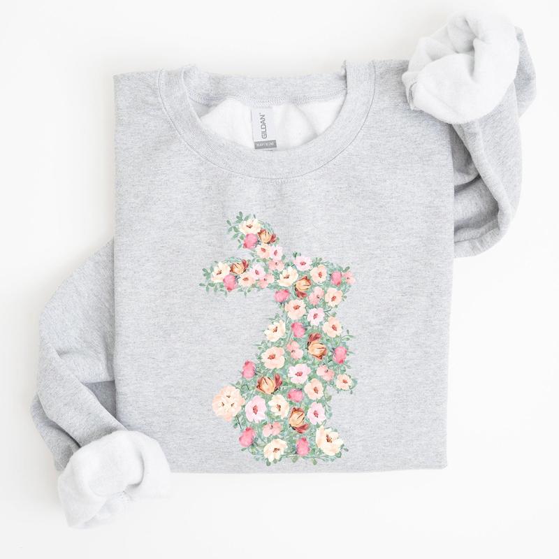 Floral Print Rabbit, Bunny, Easter Sweatshirt, Women's Crew Neck, Crewneck