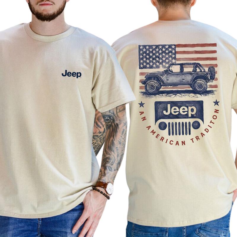 Vintage American Flag Jeep Car 2-Sided Shirt for Men, Men's Patriotic USA Flag Tee, Car Enthusiast Gift Ideas, Classic Menswear, Cotton Tops