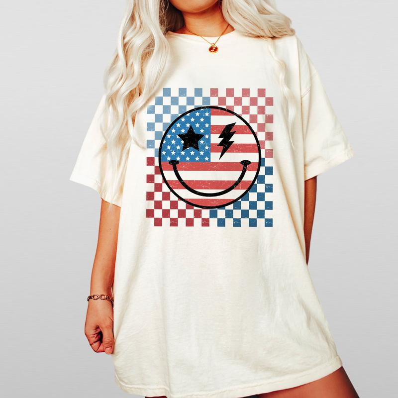 Retro Smiling 4th Of July Shirt, Patriotic Shirt, 4th Of July Checkered Shirt, America Shirt, Independence Day T Shirt, USA Flag Shirt, Funny 4th of July Gift T-shirt, American Tee, Independence Day Parade Outfits, 4th Of July Women Top Casual Comfort