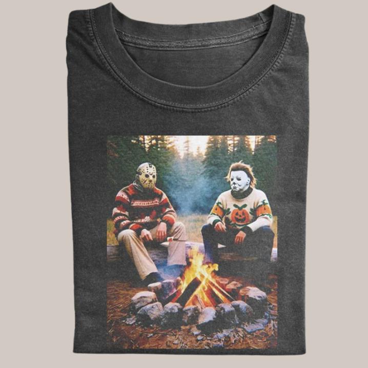 Halloween Vintage Tees, Jason x Michael Camping Funny T-Shirt, Horror Movie Shirt, Unisex Funny Halloween Shirt Menswear Womenswear Streetwear