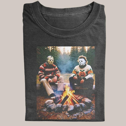 Halloween Vintage Tees, Jason x Michael Camping Funny T-Shirt, Horror Movie Shirt, Unisex Funny Halloween Shirt Menswear Womenswear Streetwear