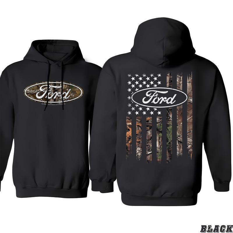 Ford Oval Logo Camo American Flag Black Hoodie, Modern Fit, Gender-neutral Appeal, Find Your Favorite Color, Classic Cotton, Menswear Unisex, Unisex
