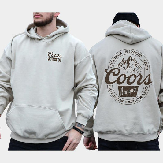 Vintage Coors Banquet 2-Sided Hoodie, Men's Beer Drinking Hoodies, Unisex Drink Tops, Country Cowboy Outfits, Coors Banquet Hooded Sweatshirt, Comfort Cotton Casual Menswear, Long Sleeve Pullover
