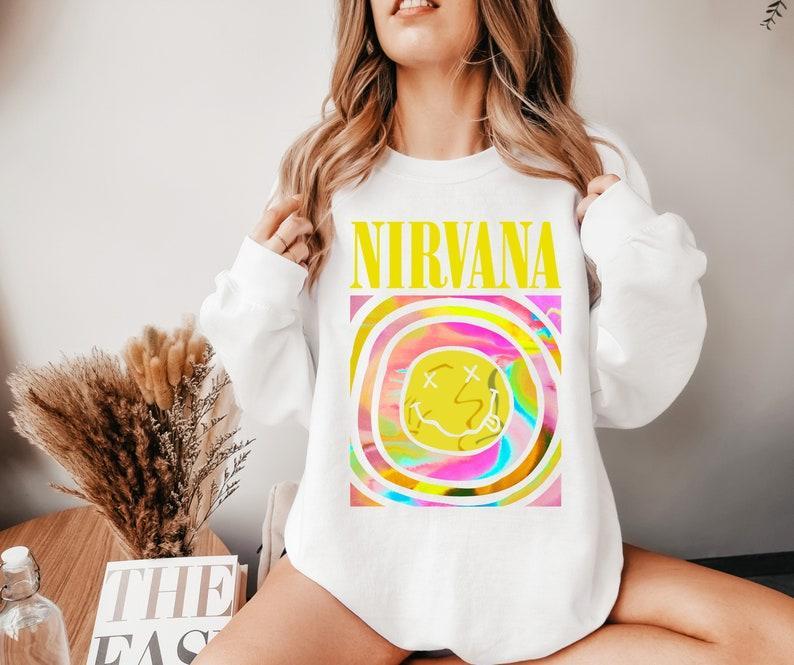 Nirvana Smiley Face Sweatshirt, Nirvana Smiley Face Crewneck, Nirvana Shirt, Nirvana Oversized Sweatshirt, Heliconia Pink Color, Trendy Tees