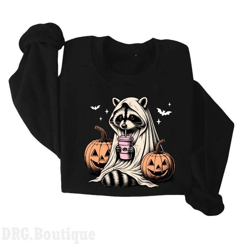 Cute Raccoon Ghost Crewneck, Raccoon Halloween Sweatshirt, Vintage Pumpkin Fall Sweaters, Spooky Season Gift, Halloween 2024 Merch Women's Shirt, Hall