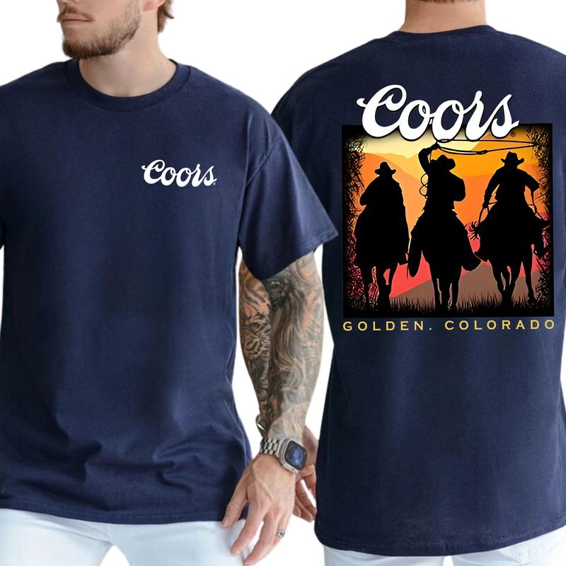 Men's Vintage Sunset Coors Cowboy Shirt 2-Sided, Wild West Cowboy Unisex Graphic Tshirt, Gift For Men, Soft Fabric Casual Menswear, Classic Cotton Top