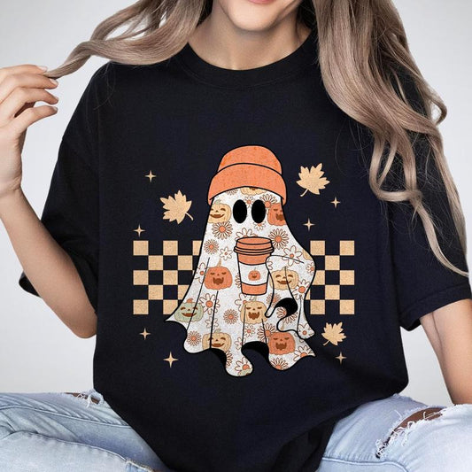 Retro Ghost T-Shirt, Fall Shirt, Shirt For Women, Retro Fall Shirt, Vintage Ghost T-shirts, Retro Halloween Shirts, Witch Shirt, Ghost Halloween Shirt, Women's Tops, Cute Tee Shirt For Autumn, Cute Fall Shirt Casual Comfort Comfortable Day