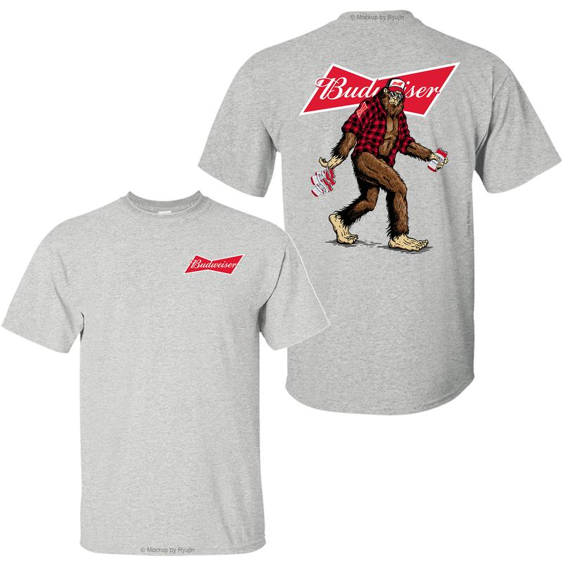 Bigfoot Budweiser T-Shirt, Sasquatch Holding Budweiser Beer Cans 2 Sided Graphic Printed Unisex Classic Comfort Cotton T-Shirt