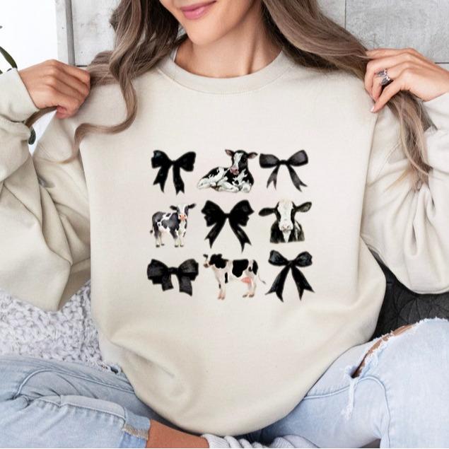 Coquette Cows and Bows Sweatshirt, Women's Farm Aesthetic Tee, Women's Comfort Colors Graphic Tee, Cow Lovers T-Shirt, Unisex Cotton Shirt, Gift For A