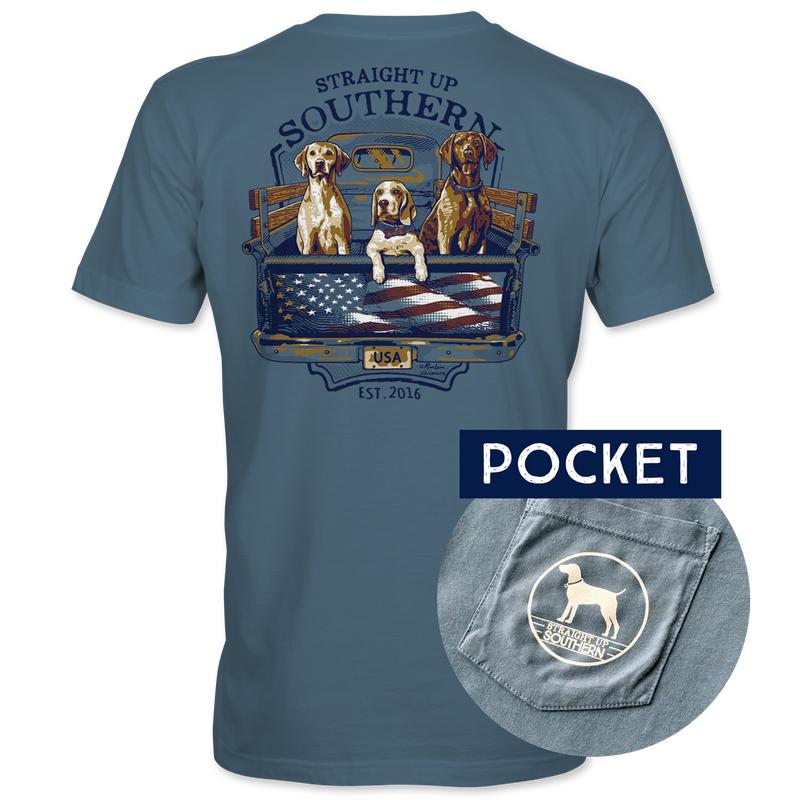 USA Truck Dogs - Southern Dogs and American Flag T-Shirt Pocket T-Shirt - Blue