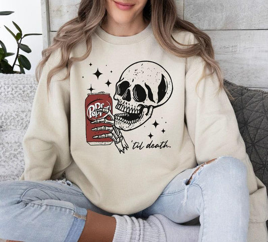 Till Death Dr. Pepper Sweatshirt, Skeleton Sweatshirt Hoodie, Halloween Sweater Hoodie, Cute Dr Pepper Shirt, Skeleton Drinking Dr. Pepper Sweatshirt,   For Men For Women, Gift For Her, Printed In The USA