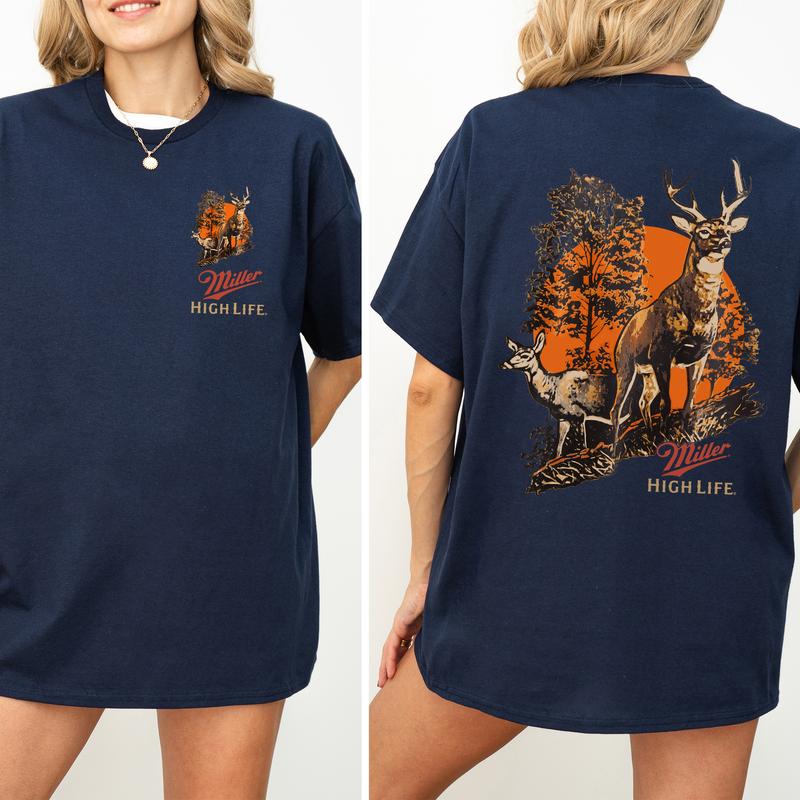 Vintage Miller High Life Deer Hunting 2-Sided Shirt, Men's Buck Hunting T-shirt, Unisex Hunter Tops, Beer Drinking Tshirt, Casual Cotton Womenswear