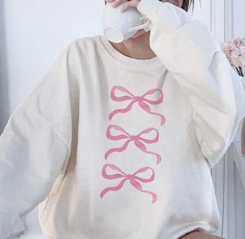 Pink Bow Sweatshirt, Trendy Pink Ribbon Bow Crewneck, Sweatshirt for Women With Bows