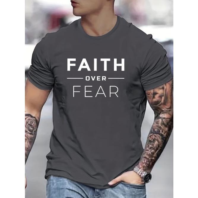 Mens Faith Over Fear Graphic Tee - Lightweight, Short Sleeve, Crew Neck - Inspirational Summer Clothing for Outdoor Adventures Made in USA