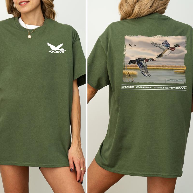 Vintage Double Woodie Duck Hunting Shirt 2-Sided, Mallard Hunt Tshirt, Summer Hunting Graphic Printed Tee, Retro Hunter T-shirt for Men, Cotton Fabric