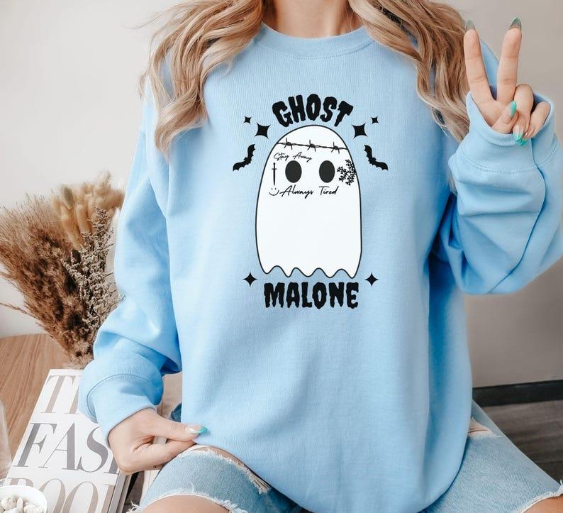 Ghost Malone Sweatshirt, Halloween Sweatshirt, Cute Ghost Sweater, Funny Spooky Sweatshirt, Ghost Malone Shirt Casual Collar Comfort Cotton