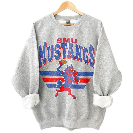 SMU Mustangs Vintage NCAA Sweatshirt, Unisex Mustangs Football Shirt, Classic Sport Hoodie, Gifts for Football Fans, Cotton T-Shirt, Hoodie