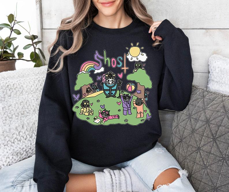 Ghost Band Rainbow Sweatshirt Funny Vibes Cozy Crewneck Sweater Ghost Metal Band