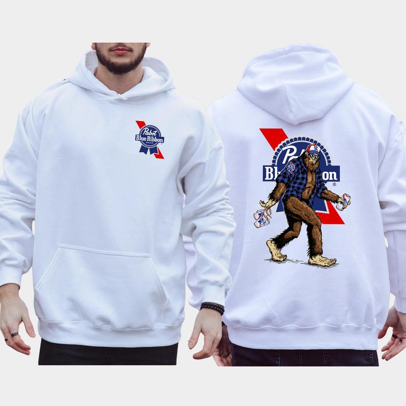 Men's Biggfoot Holding Pabst Blue Ribon 2-Sided Hoodie, Beer Drinking Hoodie, Funny Bigfooot Pullover, Unisex Drinker Tops, Cotton Classic Menswear