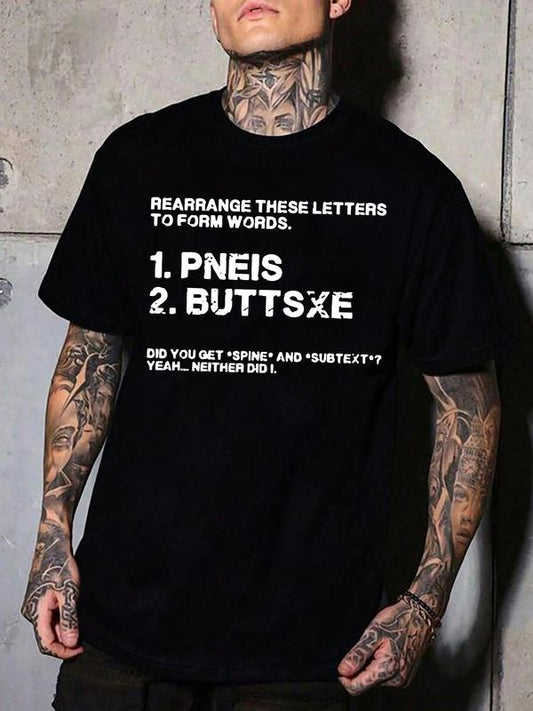 Men's Regular Fit Letter Print Round Neck Tee, Slogan Graphic Short Sleeve T-Shirt for Daily Wear, Casual Comfy Knitting Top for Summer