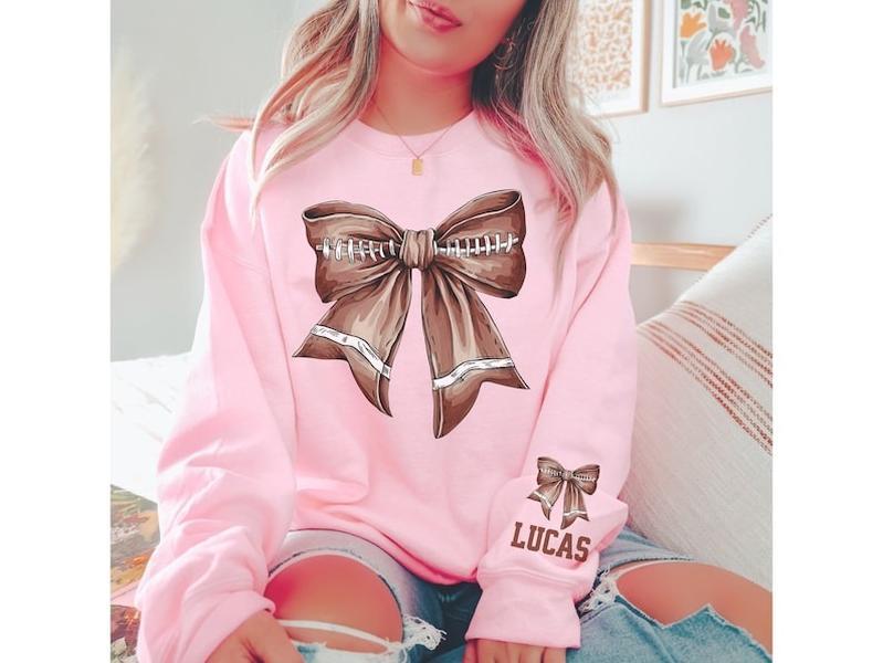 Football Bow Sweatshirt T shirt, Football Coquette Hoodie, Football Mom Shirt, Personalized Game Day Sweatshirt, Sleeve,  Football Mom  Sweatshirt, Fo