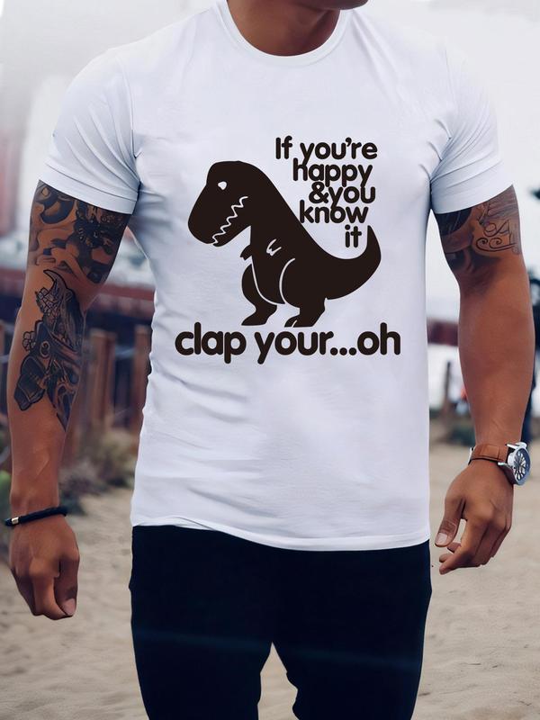 Men's Regular Fit Dinosaur & Letter Print Round Neck Tee, Summer Clothes, Casual Soft Comfy Graphic Short Sleeve T-shirt for Summer, Slogan Tees, Men's Top for Daily Wear