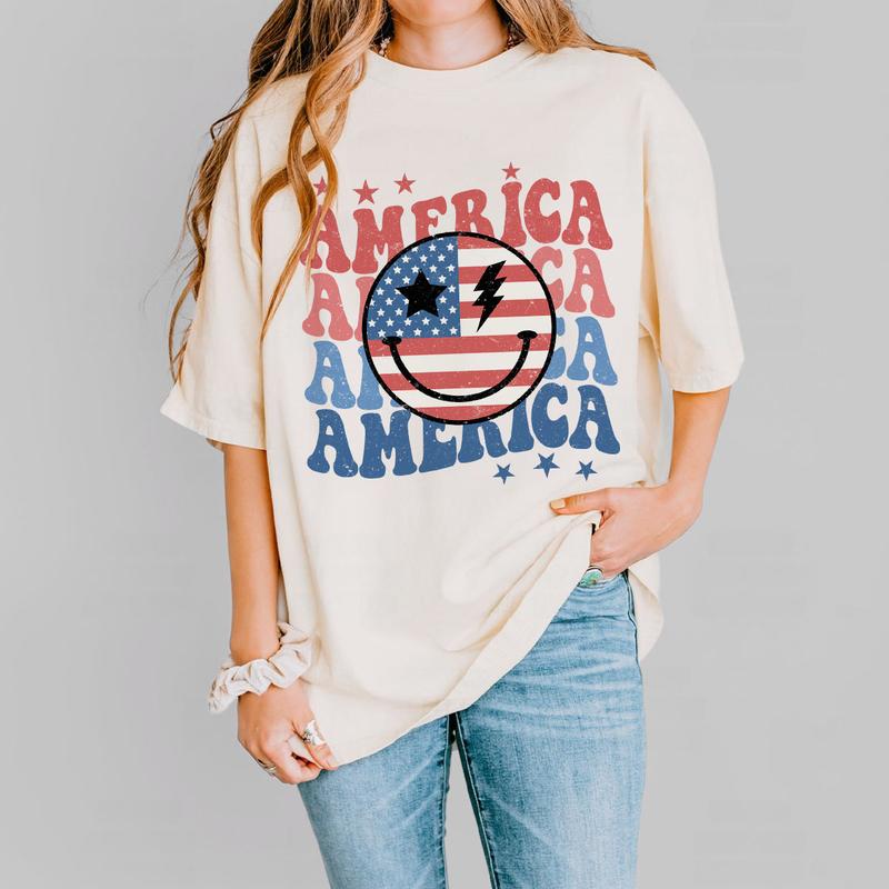 Retro Smiling America Shirt, Patriotic Shirt, 4th Of July Checkered Shirt, America Shirt, Independence Day T Shirt, USA Flag Shirt, Funny 4th of July Gift T-shirt, American Tee, Independence Day Parade Outfits, 4th Of July Women Top