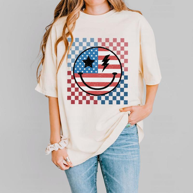 Retro Smiling 4th Of July Shirt, Patriotic Shirt, 4th Of July Checkered Shirt, America Shirt, Independence Day T Shirt, USA Flag Shirt, Funny 4th of J