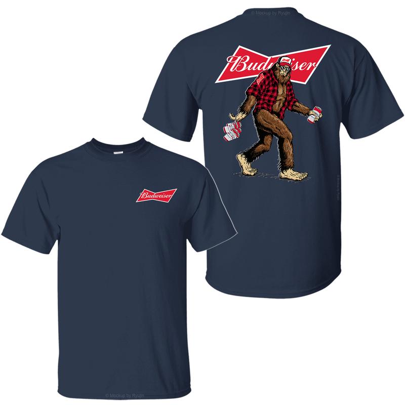 Bigfoot Budweiser T-Shirt, Sasquatch Holding Budweiser Beer Cans 2 Sided Graphic Printed Unisex Classic Comfort Cotton T-Shirt