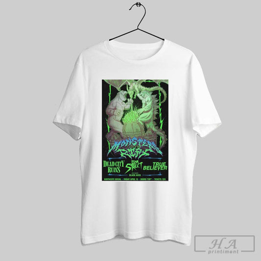 Poster Monsters Of Riff With Elm Street April 18 2025 Northcote Social Club Dead City Ruins Vs True Believer T Shirt