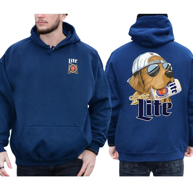 Vintage Miller Lite Hunting Dog 2-Sided Hoodie, Funny Men's Best Friend Dog Hoodies, Beer Drinking Sweaters, Unisex Drink Tops, Cotton Casual Menswear