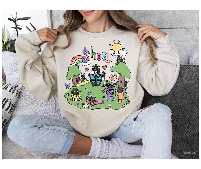 Ghost Band Rainbow Sweatshirt Funny Vibes Cozy Crewneck Sweater Ghost Metal Band