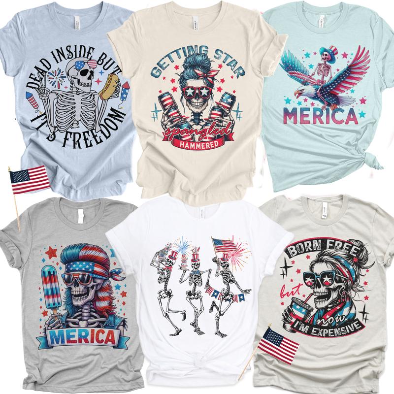 USA 4th of July Skull Tshirts Merica Skull Patriotic Tees Born Free Skeleton Rocker Tops USA Merica Skeleton T-Shirts Mullet USA Skull Tee Holiday Ind