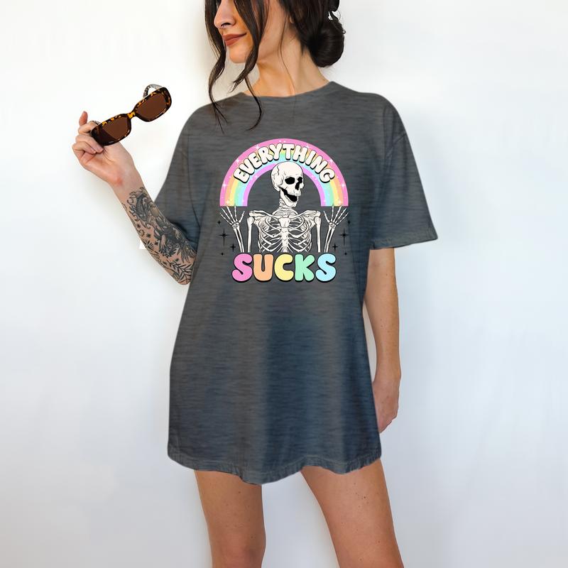 Everything Sucks - T-Shirt, Happy Skeleton, Bright Graphic, Funny Apparel